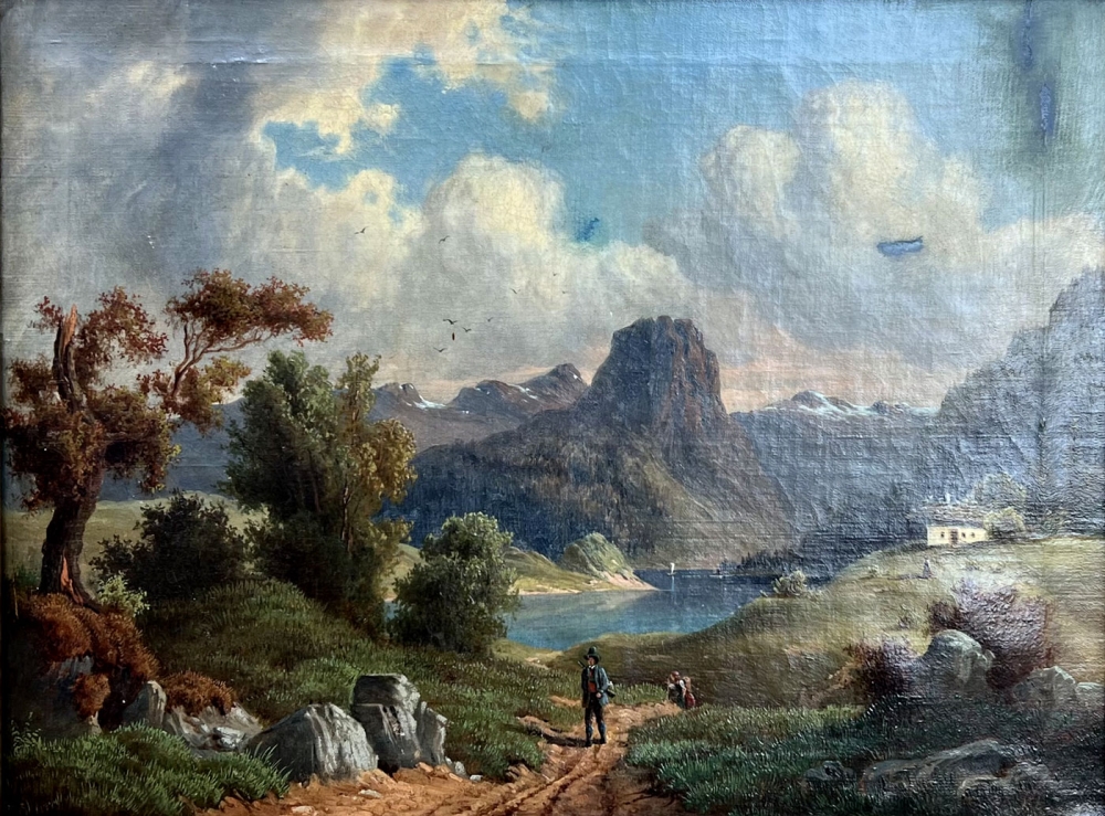 Rudolf Schneider, Romantische Landschaft mit Wanderer am Gebirgssee