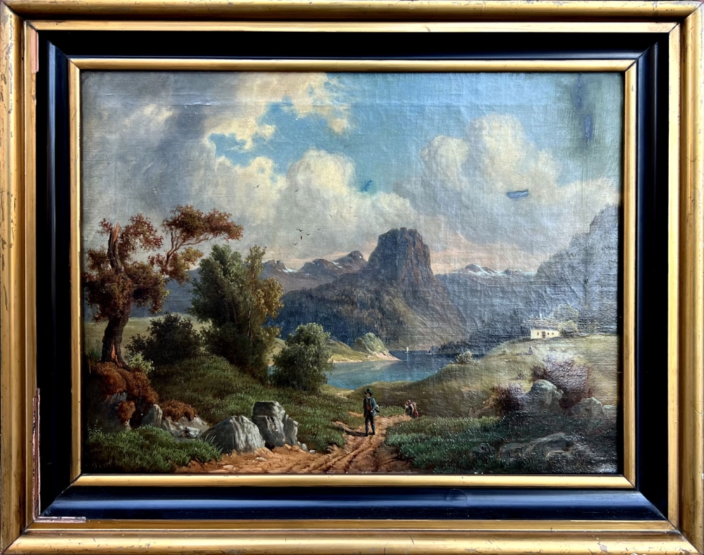 Rudolf Schneider, Romantische Landschaft mit Wanderer am Gebirgssee