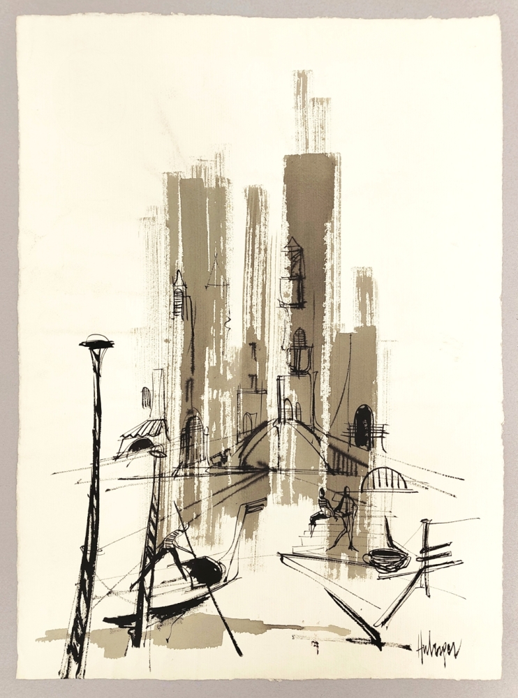 Tugomir Huberger, Abstract view of a Venetian canal with a gondola