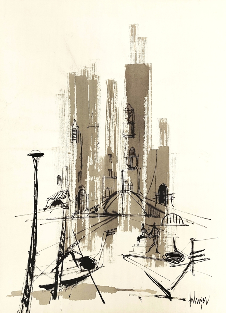 Tugomir Huberger, Abstract view of a Venetian canal with a gondola