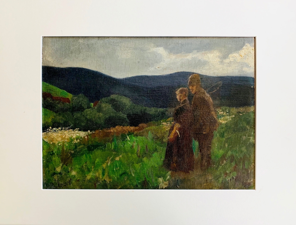 Unknown, peasants linger in the hilly landscape