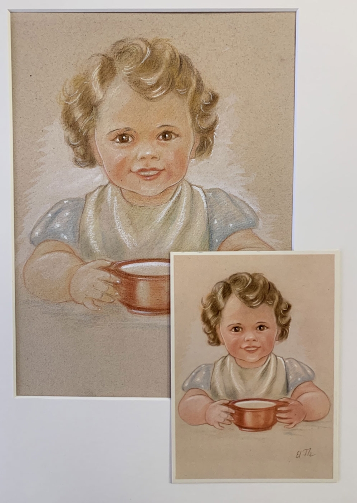 Elisabeth Thalmann, Mädchen bei Essen, Original Aquarell, Vorlage zur beiliegenden Postkarte