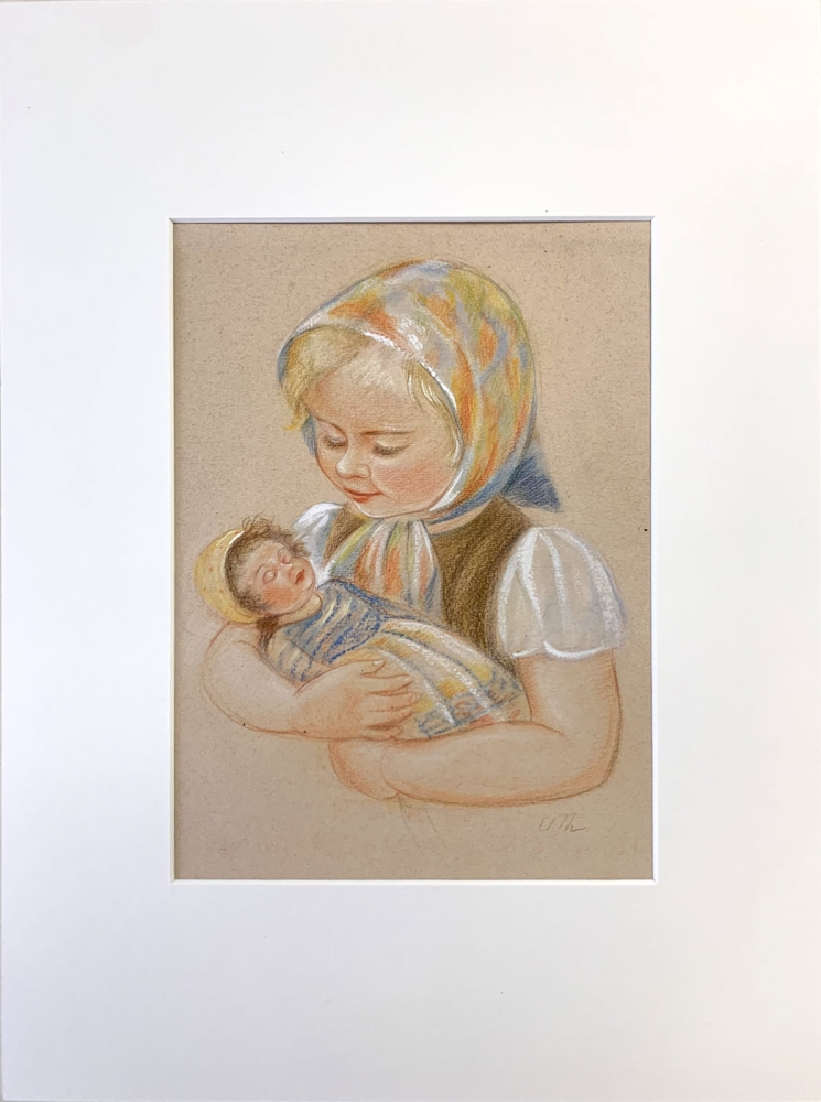 Elisabeth Thalmann, Mädchen mit Puppe, Original Aquarell als Vorlage zur beiliegenden Postkarte