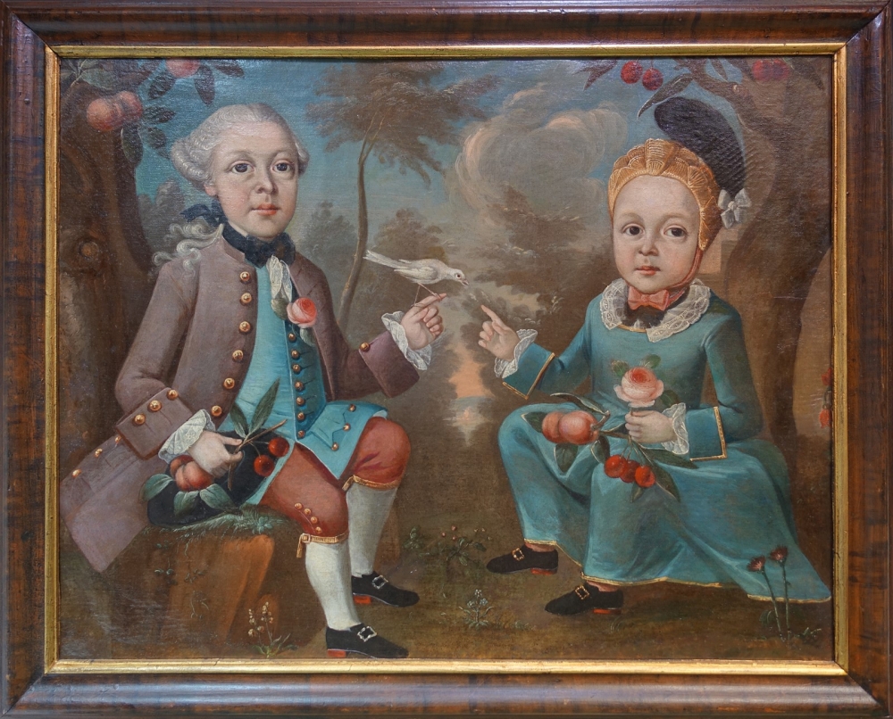 Portrait zweier adeliger Kinder mit Früchten und Singvogel