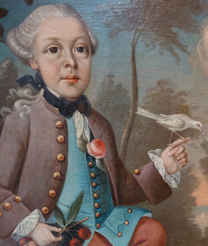 Portrait zweier adeliger Kinder mit Früchten und Singvogel