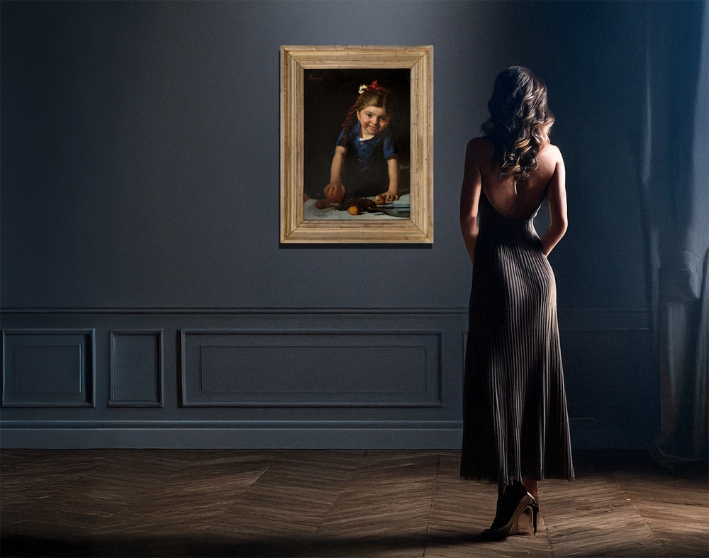 Cherubino Kirchmayr, Mädchen Porträt 1875 in schwarzem Hintergrund mit Früchten