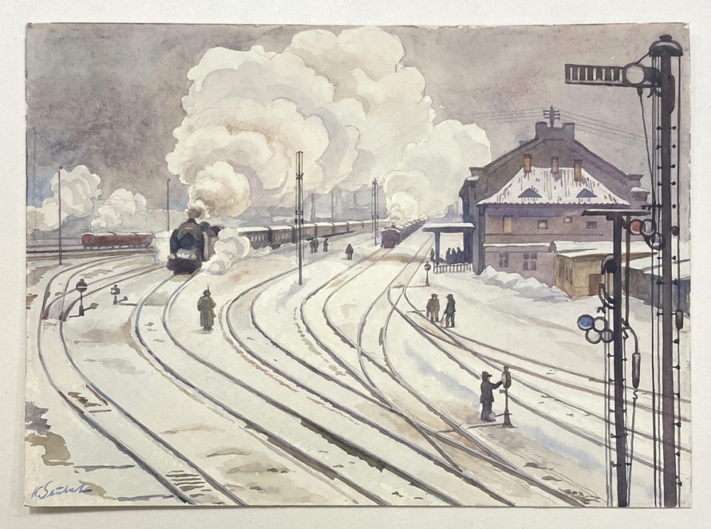 Karl Seubert, Bahnhof im Winter mit Soldaten