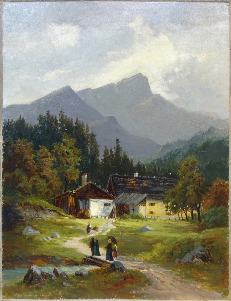 Max Baumgartner, Bauernhaus in den Bergen mit Personenstaffage