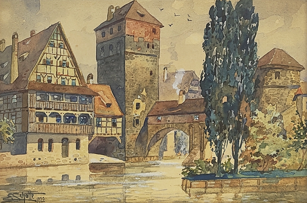Eduard Schotte, Nürnberg Weinstadel mit Wasserturm und Henkersteg