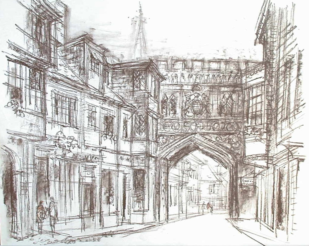 Ludwig Schäfer-Grohe, City view with gate and pedestrian bridge