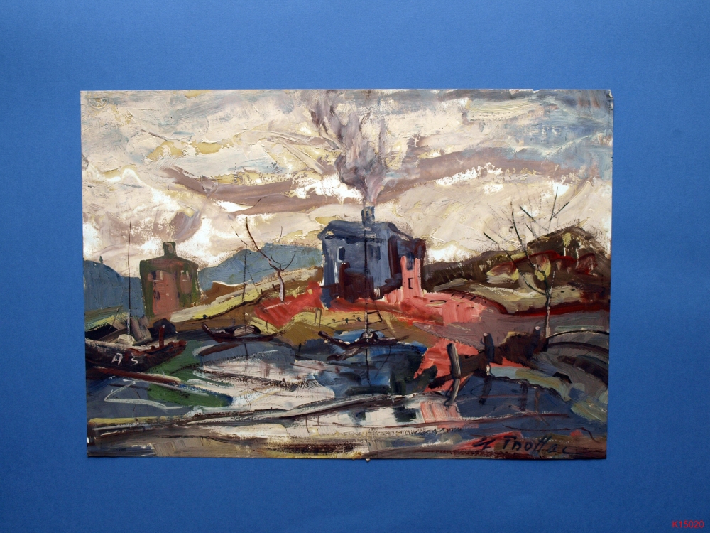 Landschaft mit Booten und Häusern, sign. Troffac