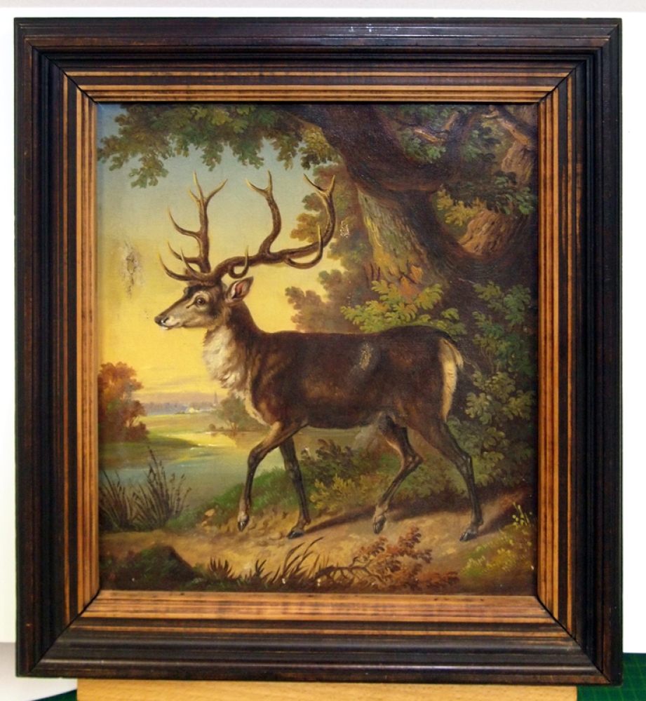 F.B. Monogramm, Hirsch in Landschaft