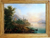 Franz Hochecker (1730-1782), Rheinlandschaft mit Schloss, Städtchen mit Kirche, Booten und Figuren