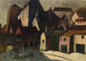 Karl Schiestl, Cityscape with Castle and fountain