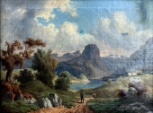 Rudolf Schneider, Romantische Landschaft mit Wanderer am Gebirgssee