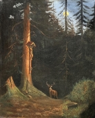 Otto Elser, Romantische Waldlandschaft im Abendlicht, mit Hirsch