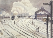 Karl Seubert, Bahnhof im Winter mit Soldaten