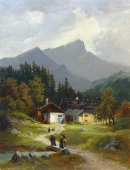Max Baumgartner, Bauernhaus in den Bergen mit Personenstaffage